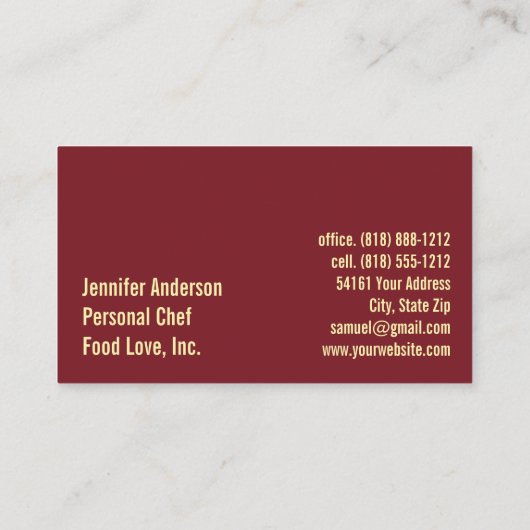 Persönlicher Koch Sous Koch Restaurant Visitenkarte (Rückseite)