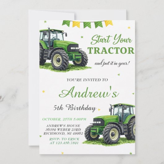 Persönlicher Moderner Grüner Traktor Geburtstag Einladung (Vorderseite)