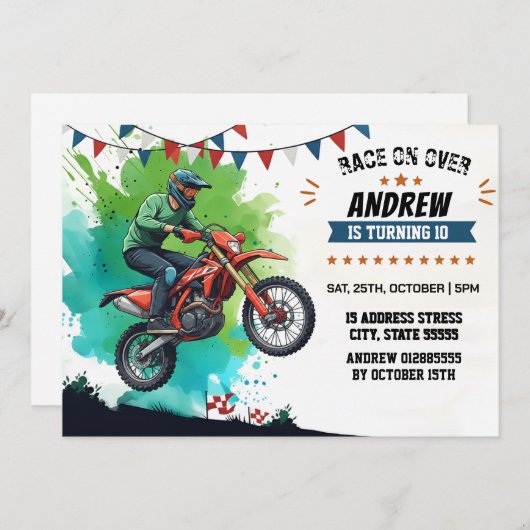 Persönlicher Motocross Dirt Motorbike Junge Geburt Einladung (Vorne/Hinten)