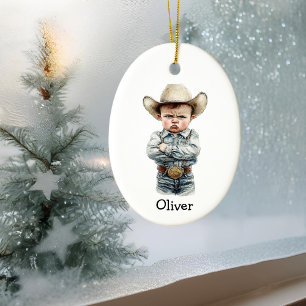 Persönlicher mürrischer Cowboy im Denim-Outfit Keramik Ornament