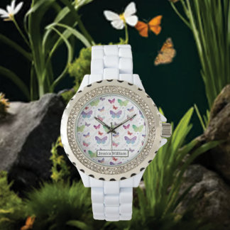 Persönlicher Name Elegant Lila Schmetterlinge Armbanduhr