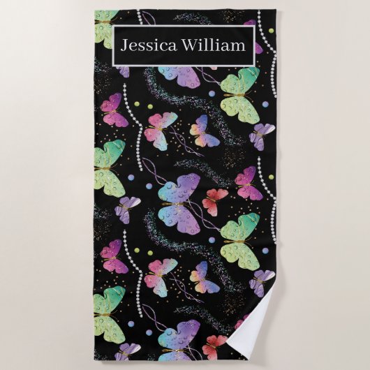 Persönlicher Name Elegant Lila Schmetterlinge Strandtuch (Vorderseite)