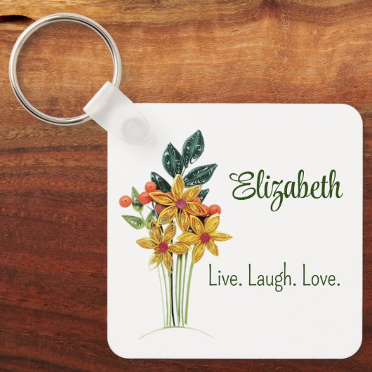 Persönlicher Name, Zitat, Blume auf Papier, Metall Schlüsselanhänger (Vorderseite)