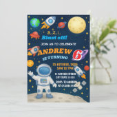 Persönlicher Outdoor-Junge Galaxy Blast Off Geburt Einladung (Stehend Vorderseite)