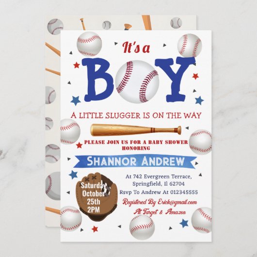 Persönlicher Schwung auf Baseball Team Baby Dusche Einladung (Vorne/Hinten)