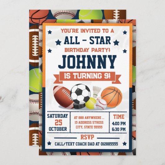 Persönliches All-Star Printable Sports MVP Party Einladung (Vorne/Hinten)