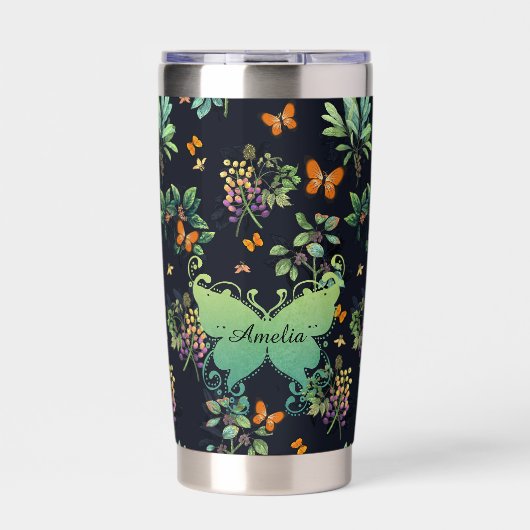 Persönliches dunkles Blumen-Schmetterlingsmuster Thermobecher (Vorderseite)