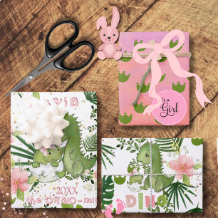 Persönliches Geschenkpapier Pink Dino & tropische Set