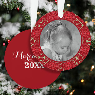 Persönliches Kinderfoto mit rotem Feiertagsmuster Ornament Aus Metall