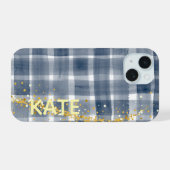 PERSONLIZED Blue Plaid Gold Aesthetic iPhone Case 15 Hülle (Rückseite (Horizontal))