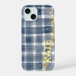 PERSONLIZED Blue Plaid Gold Aesthetic iPhone Case 15 Hülle