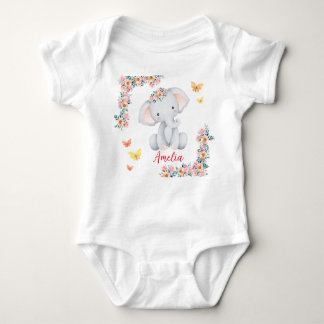 Personlized Name Baby Bodysuit Floral Elephant Baby Strampler