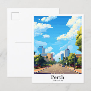 Perth Australia Art Vintage Travel Illustration Postkarte