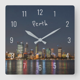 Perth Australia Skyline Night Reflections River Quadratische Wanduhr