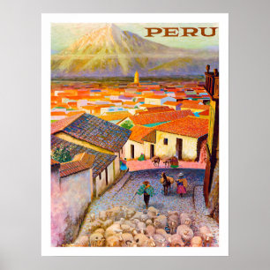 Peru, Dächer der Stadt unter dem Berg, Vintage Poster