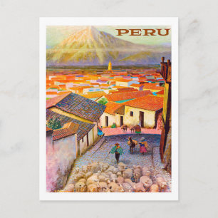 Peru, Dächer der Stadt unter dem Berg, Vintage Postkarte