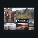 Peru multiple image collage black text postcard postkarte<br><div class="desc">Postkarte einer Collage mit mehreren Fotos von Peru, wie Machu Picchu, Uros reed Islands, Cusco, inca Schiene und Amazonas Regenwald mit einem schwarzen Rahmen und der Text: 'Peru'.</div>
