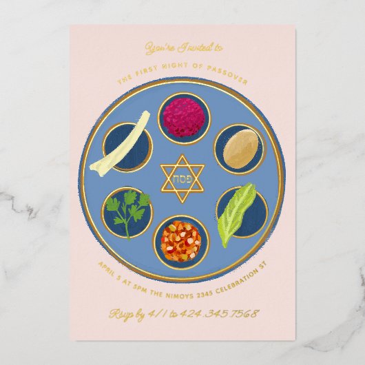 Pesach Seder Plate Happy Pessach Abendessen Folieneinladung (Vorderseite)
