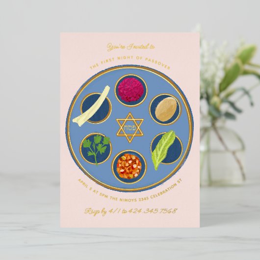 Pesach Seder Plate Happy Pessach Abendessen Folieneinladung (Stehend vorne)