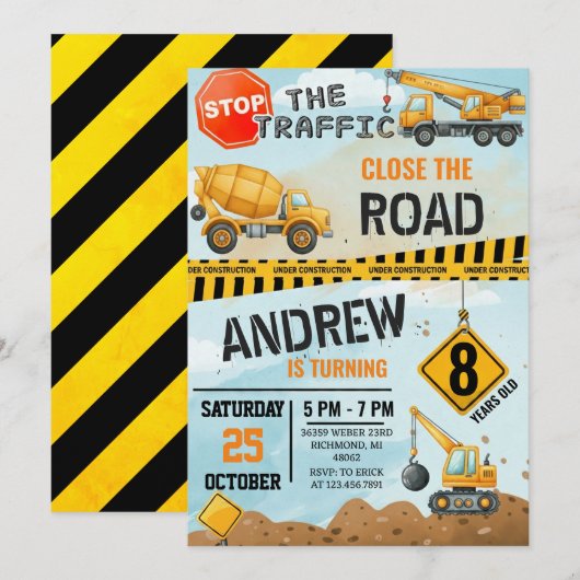 Pesonal Modern Construction Birthday Extravaganza Einladung (Vorne/Hinten)