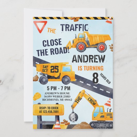 Pesonal Modern Construction Birthday With Photo Einladung (Vorderseite)