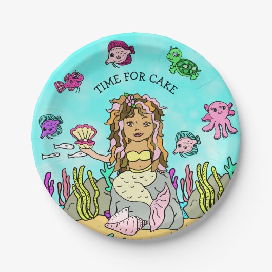 Pesonalized Ethnic Hand Darwn Mermaid Geburtstag Pappteller (Vorderseite)