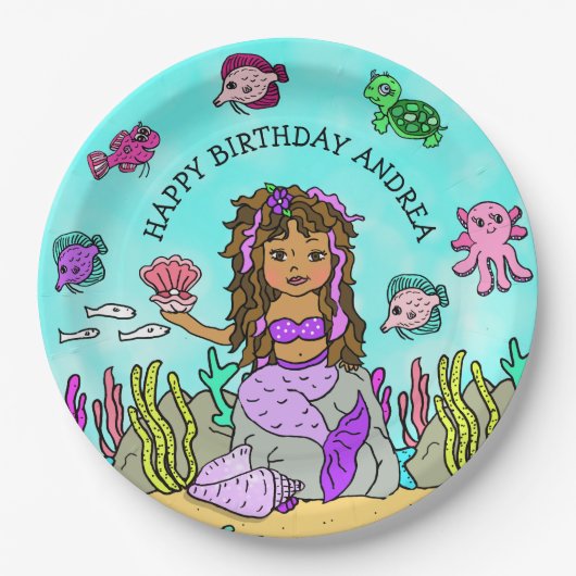 Pesonalized Ethnic Hand Darwn Mermaid Geburtstag Pappteller (Vorderseite)