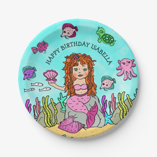 Pesonalized Hand Darwn Mermaid Geburtstag Pappteller (Vorderseite)
