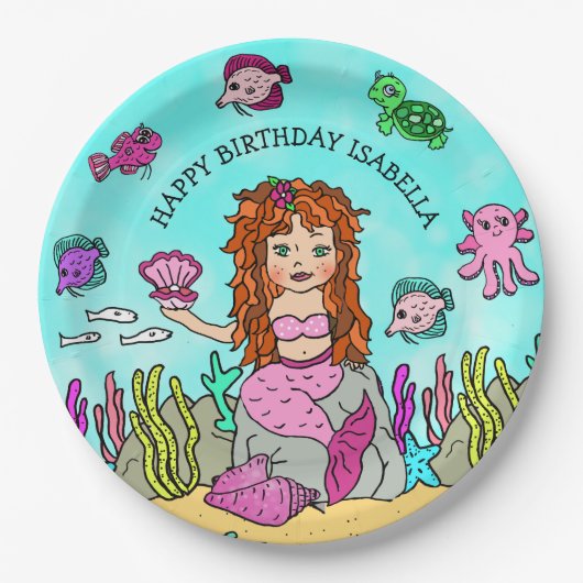 Pesonalized Hand Darwn Mermaid Geburtstag Pappteller (Vorderseite)