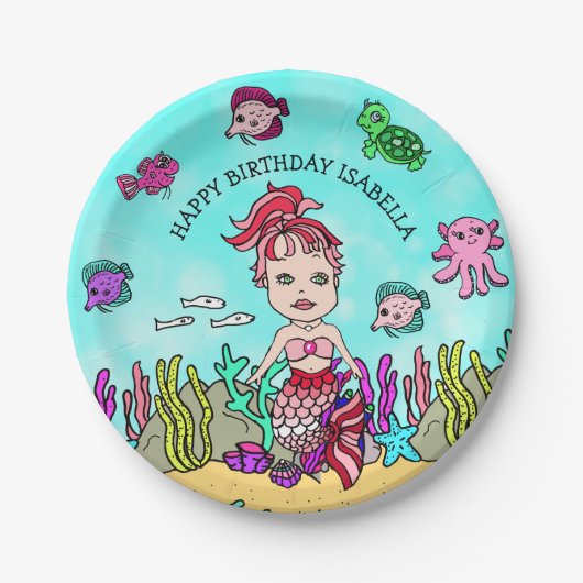 Pesonalized Hand Darwn Mermaid Geburtstag Pappteller (Vorderseite)