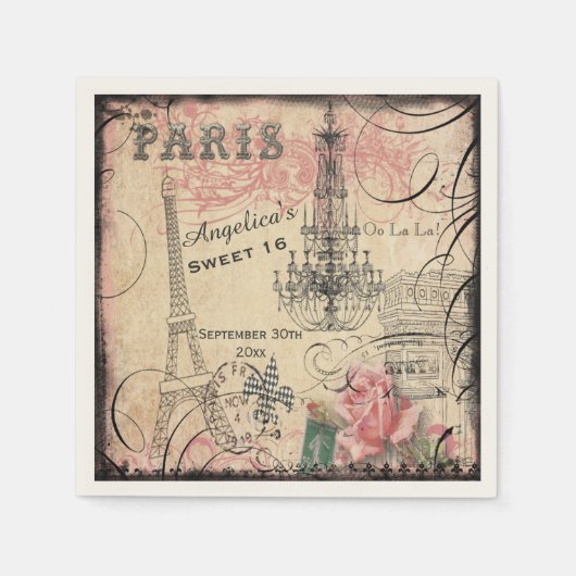 Pesonalized Sweet 16 Eiffelturm und Kronleuchter Serviette (Vorderseite)