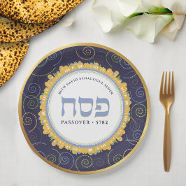 Pessach Personalisiert Seder Jerusalem-Marine/Gold Pappteller