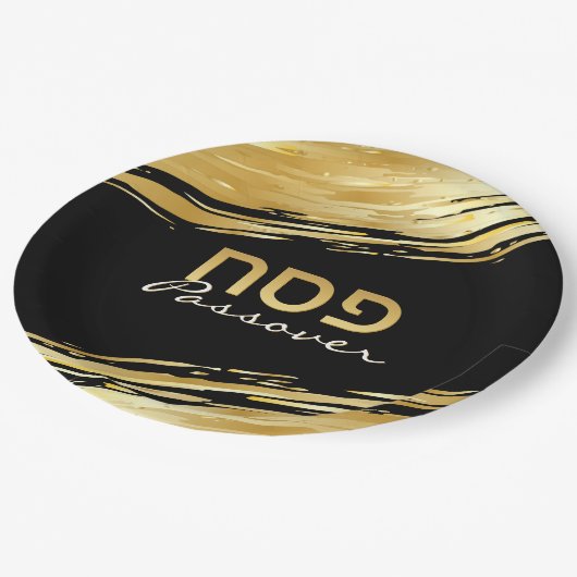 Pessach Pesach Hebräisch Gold Swash auf schwarz Pappteller (Schrägansicht)
