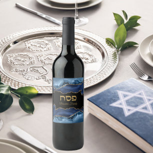 Pessach Seder Agate Blue Gold Hebrew Weinetikett