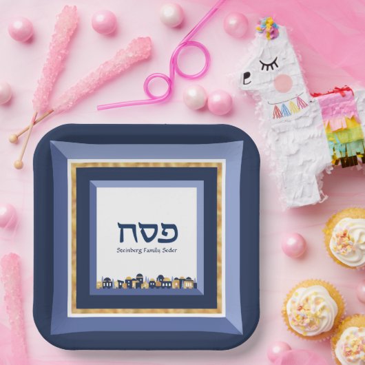 Pessach Seder Jerusalem Blue Gold Hebräisch Pappteller (Party)