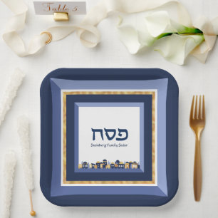 Pessach Seder Jerusalem Blue Gold Hebräisch Pappteller