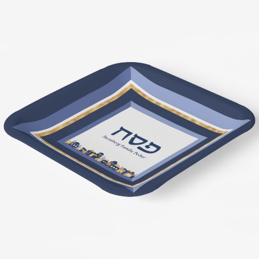 Pessach Seder Jerusalem Blue Gold Hebräisch Pappteller (Gewinkelt)
