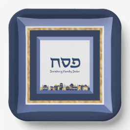 Pessach Seder Jerusalem Blue Gold Hebräisch Pappteller