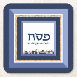 Pessach Seder Jerusalem Blue Gold Hebräisch  Rechteckiger Pappuntersetzer