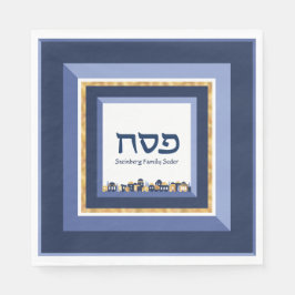 Pessach Seder Jerusalem Blue Gold Hebräisch Serviette