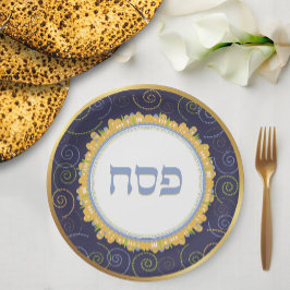 Pessach Seder Jerusalem-Marine/Gold Pappteller
