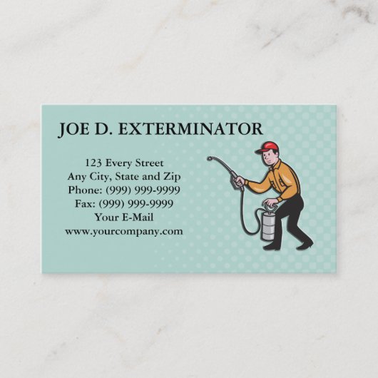 Pest Control Exterminator Worker Spraying Cartoon Visitenkarte (Vorderseite)