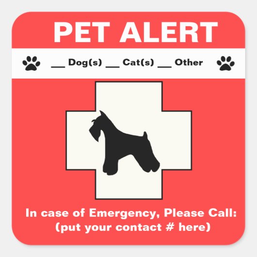 Pet Alert Emergency Quadratischer Aufkleber (Vorderseite)