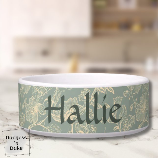 Pet Bowl - Sage Green Botanical, Personalized  Napf (Personalized Sage Green Botanical Pet Bowl on marble table top)