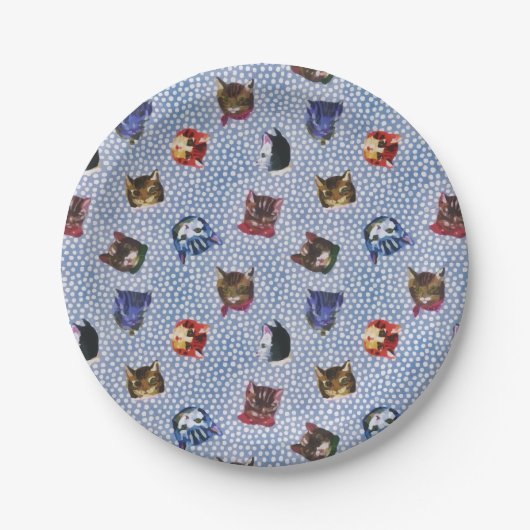 Pet Cat Blue Polka Dots Kitten Wasserfarbe Pappteller (Vorderseite)