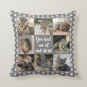 Pet Cat Foto Collage Paw Print Pattern Grau Kissen