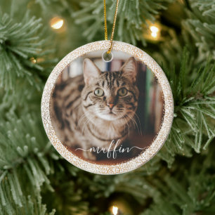 Pet Cat Foto Gold Glitzer Weihnachten Keramik Ornament