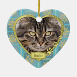 Pet Cat Memorial Blue Gold Herzstück Foto Weihnach Keramikornament