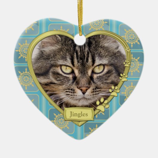 Pet Cat Memorial Blue Gold Herzstück Foto Weihnach Keramikornament (Vorne)