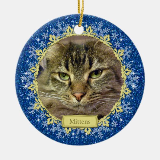 Pet Cat Memorial Blue Snowflake Foto Weihnachten Keramikornament (Vorne)